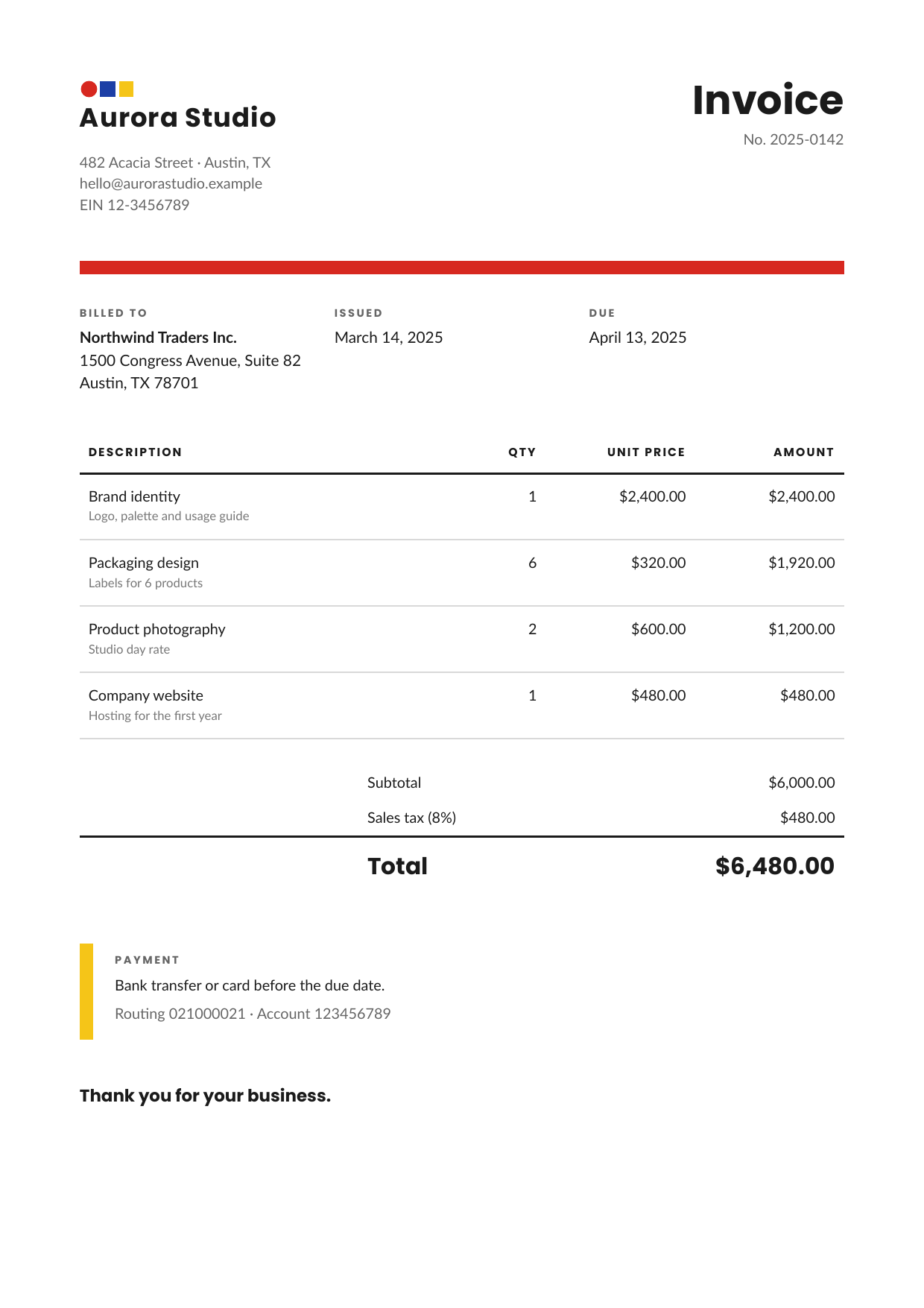 en: a sample invoice made by the service