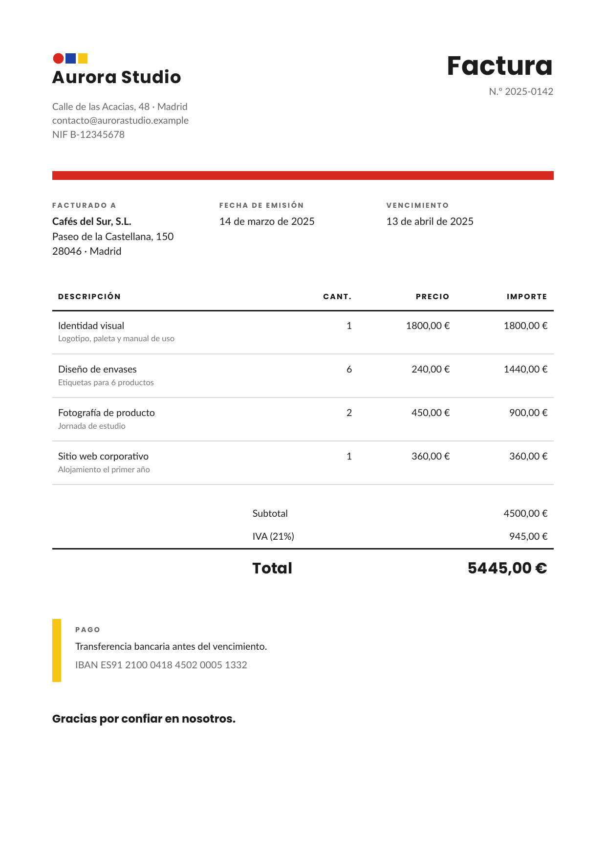 es: a sample invoice made by the service