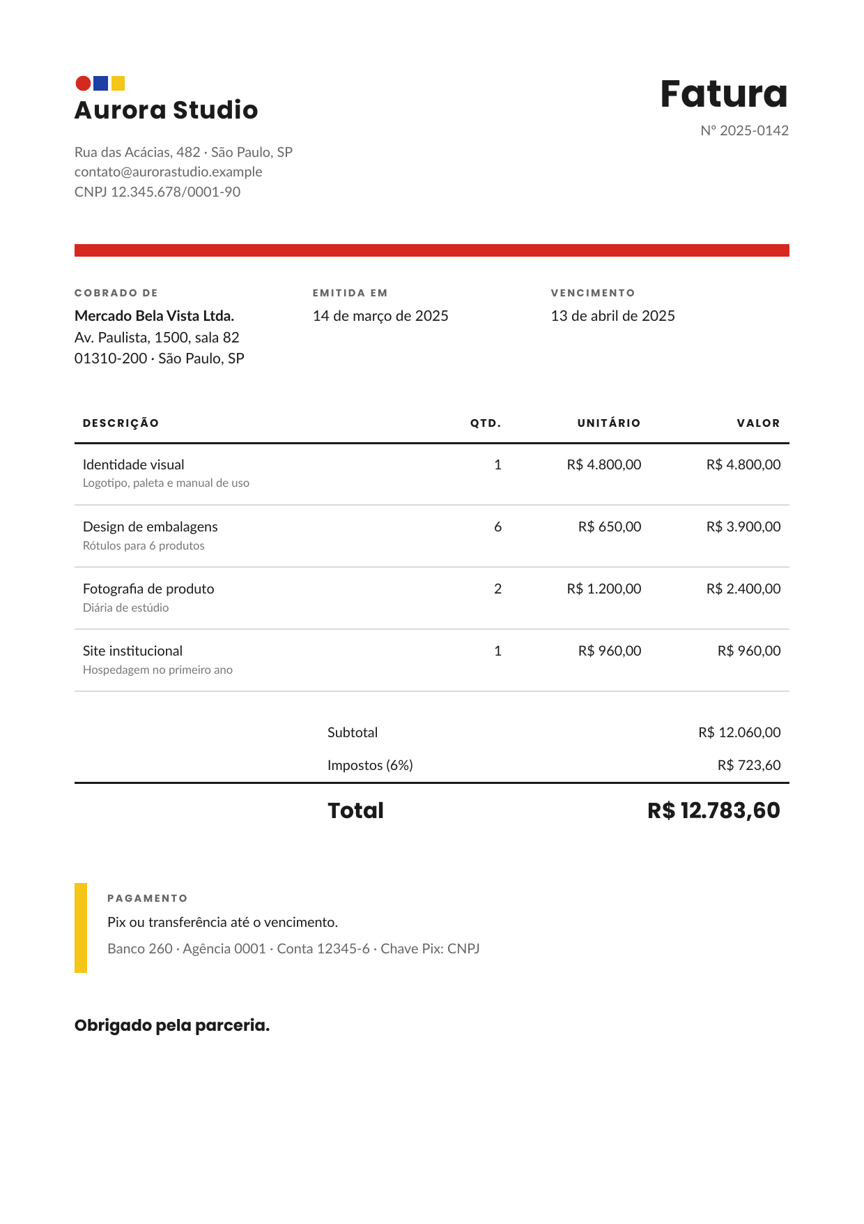 pt-BR: a sample invoice made by the service
